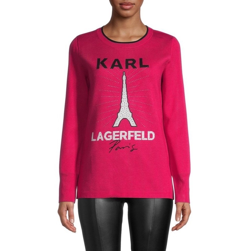 Karl Lagerfeld Paris Hot Pink Eiffel Tower Rhinestone Sweater M NWT Parisian